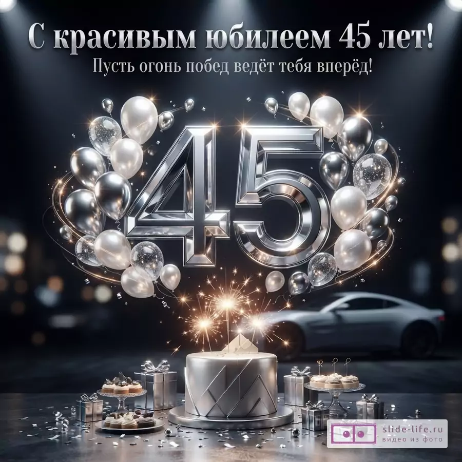 Открытка с черным фоном, серебряными цифрами «45», воздушными шарами, тортом, подарками и машиной. Текст: «С красивым юбилеем 45 лет! Пусть огонь побед ведёт тебя вперёд!»