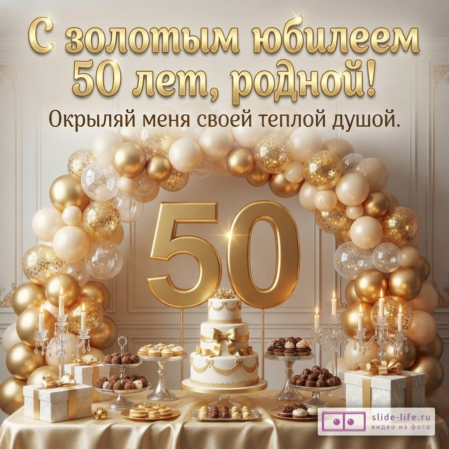 Праздничный стол с белым тортом, золотыми шарами, подарками и сладостями. Над столом золотые цифры «50». Текст: «С золотым юбилеем 50 лет, родной! Окрыляй меня своей теплой душой.»