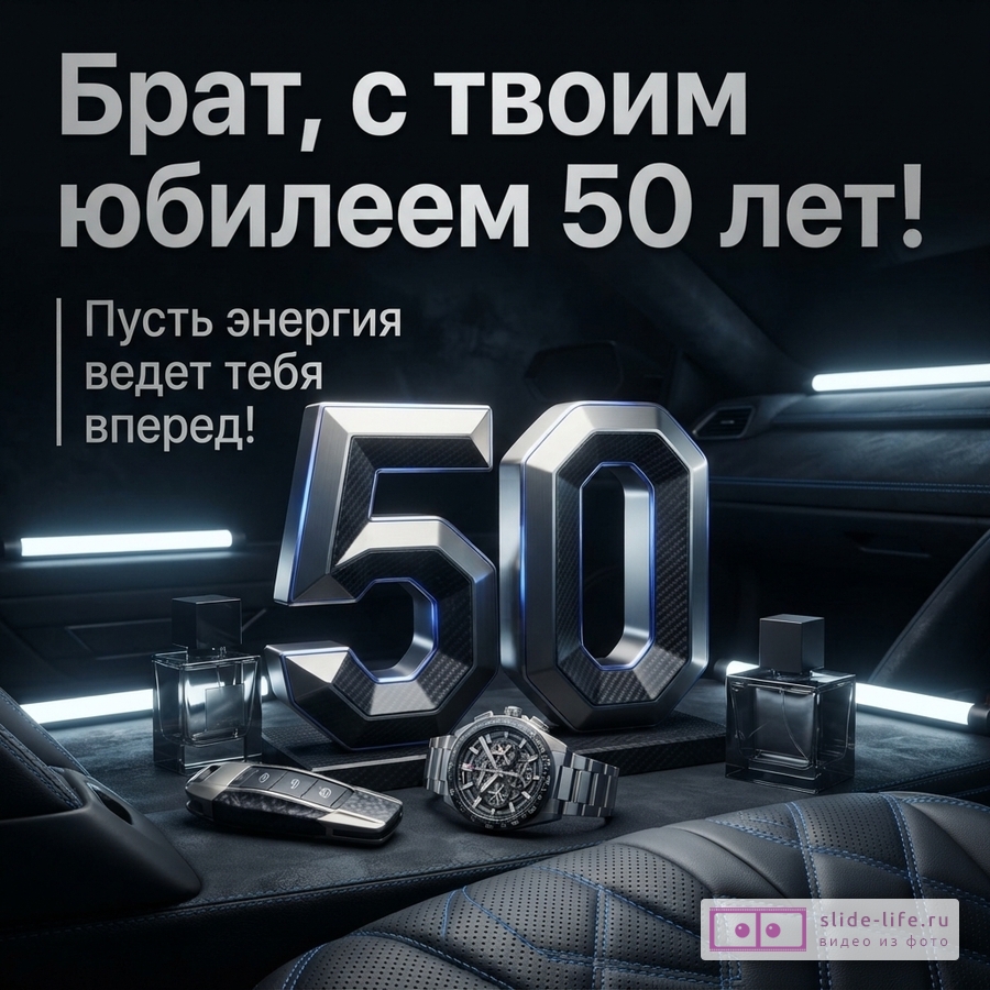 Темный фон, салон автомобиля, цифры «50» из металла и карбона, часы, ключ от машины, флаконы парфюма. Текст: «Брат, с твоим юбилеем 50 лет! Пусть энергия ведет тебя вперед!»