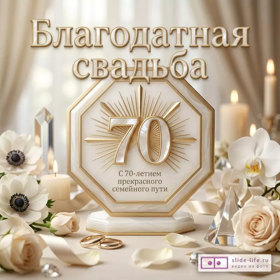 Бежевая торжественная открытка с золотой надписью «Благодатная свадьба», числом «70» и текстом «С 70-летием прекрасного семейного пути», свечи, белые цветы, кольца, кристаллы