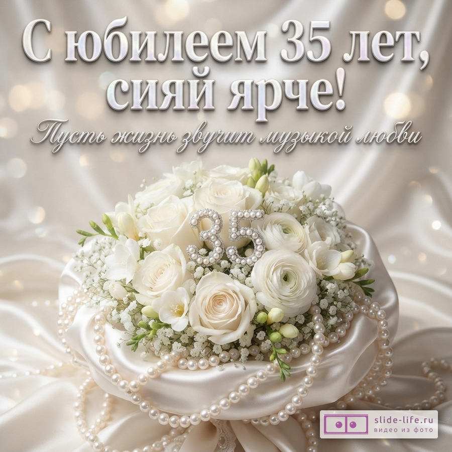Букет белых роз с жемчужной цифрой 35 на атласной ткани и надпись «С юбилеем 35 лет, сияй ярче! Пусть жизнь звучит музыкой любви»