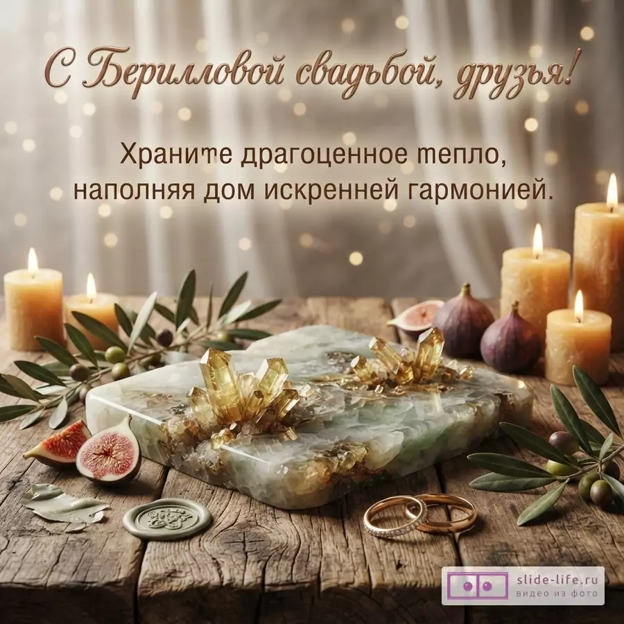 Минерал берилл, свечи, инжир, оливковые ветви и золотые кольца на деревянном столе с текстом «С Бериллиевой свадьбой, друзья! Храните драгоценное тепло, наполняя дом искренней гармонией.»