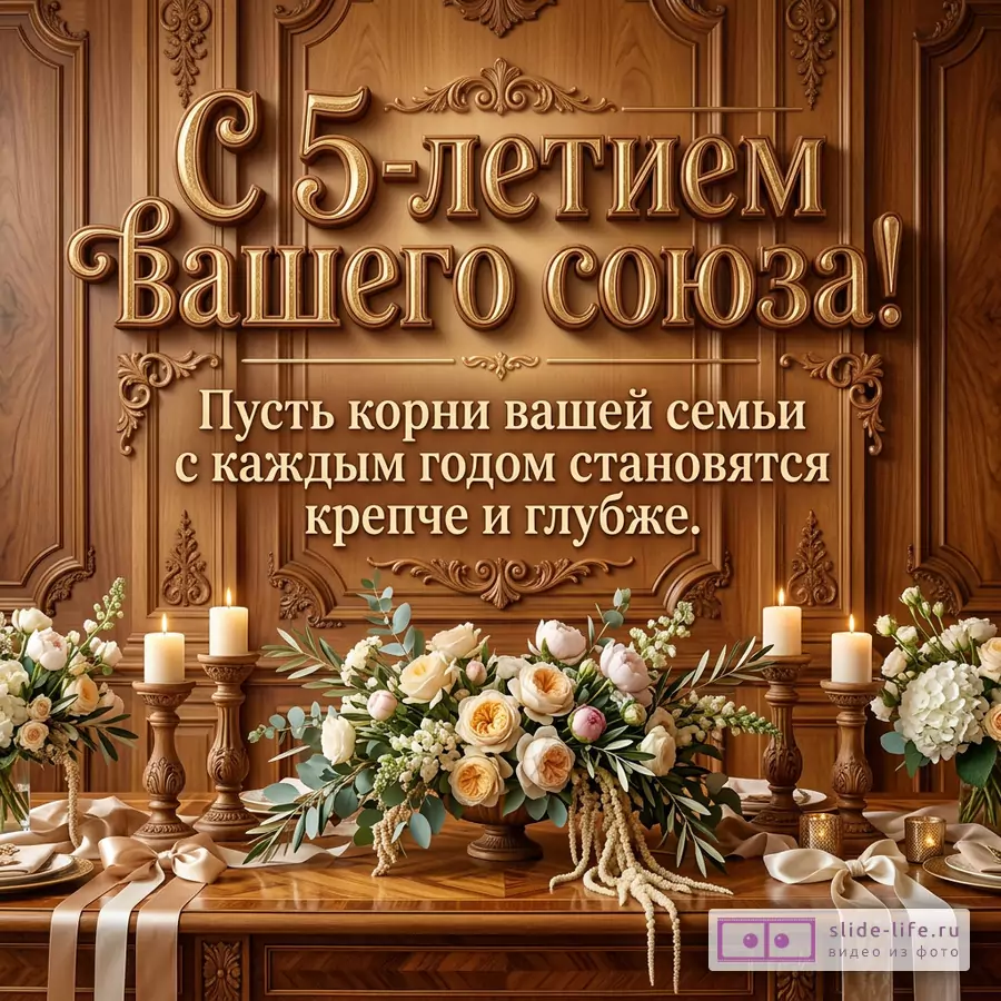 Коричневый деревянный фон с резным орнаментом, золотые объемные надписи «С 5-летием вашего союза! Пусть корни этой семьи с каждым годом становятся крепче и глубже.», свечи, белые цветы и зелень