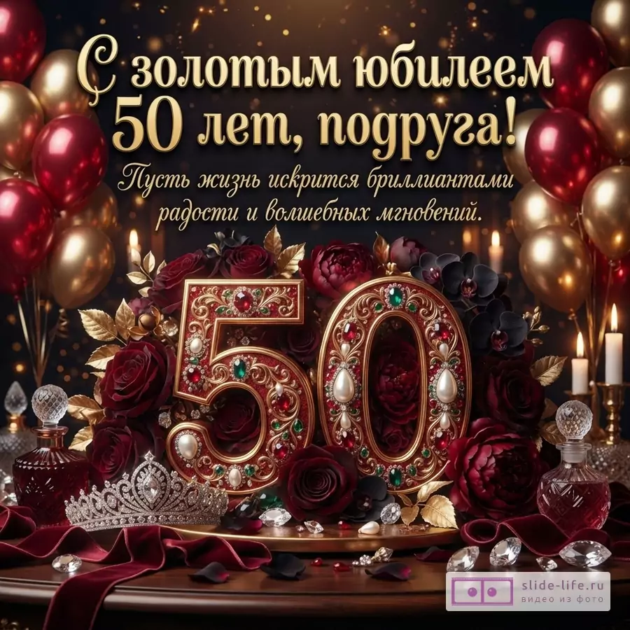 Открытка с черным фоном, золотыми и красными шарами, красными розами, черными орхидеями, свечами, короной и цифрами «50». Текст: «С золотым юбилеем 50 лет, подруга! Пусть жизнь искрится бриллиантами радости и волшебных мгновений.»