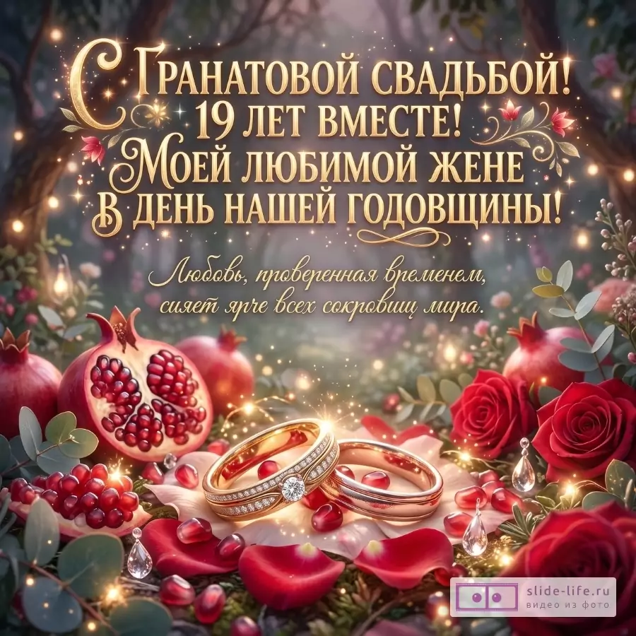 Темный серо-зеленый фон, золотой текст «С Гранатовой свадьбой! 19 лет вместе! Моей любимой жене В день нашей годовщины! Любовь, проверенная временем, сияет ярче всех сокровищ мира.», кольца, гранаты, красные розы.