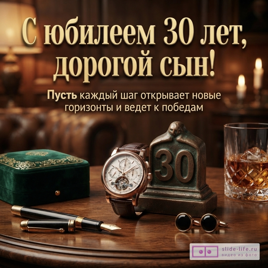 Наручные часы, перьевая ручка, запонки, стакан виски на деревянном столе с надписью «С юбилеем 30 лет, дорогой сын! Пусть каждый шаг открывает новые горизонты и ведет к победам».