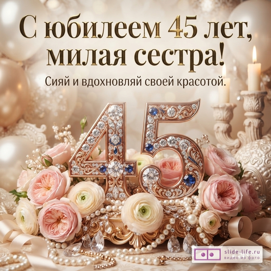 Бежевый фон, воздушные шары, свечи. Надпись «С юбилеем 45 лет, милая сестра! Сияй и вдохновляй своей красотой.». Цифры 45 из золота с бриллиантами и сапфирами, розы, жемчуг, ленты.