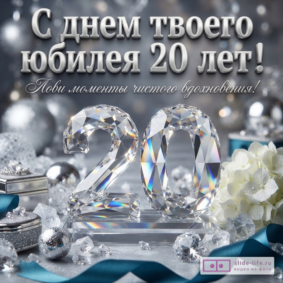 Серая открытка с серебряными шарами, белыми цветами и синей лентой, в центре цифры «20» из прозрачных кристаллов. Текст: «С днем твоего юбилея 20 лет! Лови моменты чистого вдохновения!»