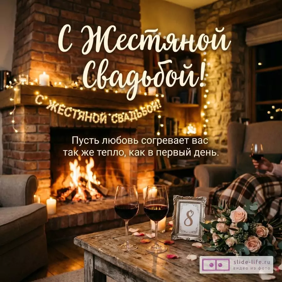 Коричнево-золотистый фон, камин, свечи, гирлянды, два бокала вина, букет роз и рамка с цифрой 8. Текст: «С Жестяной Свадьбой!», «Пусть любовь согревает вас так же тепло, как в первый день.»