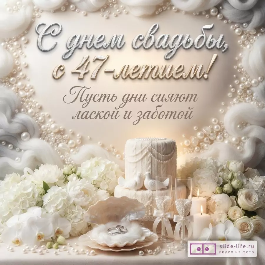 Бежевый фон, белые цветы, жемчуг, белые свечи, свадебный торт, обручальные кольца. Текст: «С днем свадьбы, с 47-летием! Пусть дни сияют лаской и заботой»