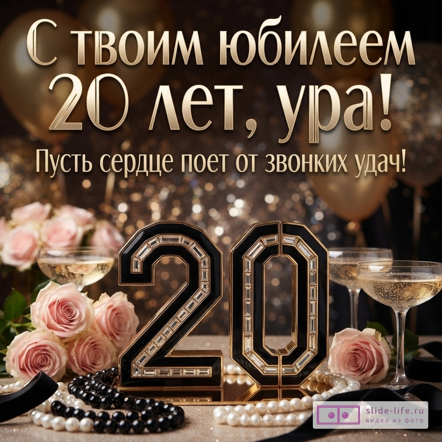 Открытка с золотыми буквами на черном фоне с блестками, шарами и бокалами шампанского. В центре крупные черные цифры «20» с золотой окантовкой и стразами. Текст: «С твоим юбилеем 20 лет, ура! Пусть сердце поет от звонких удач!»