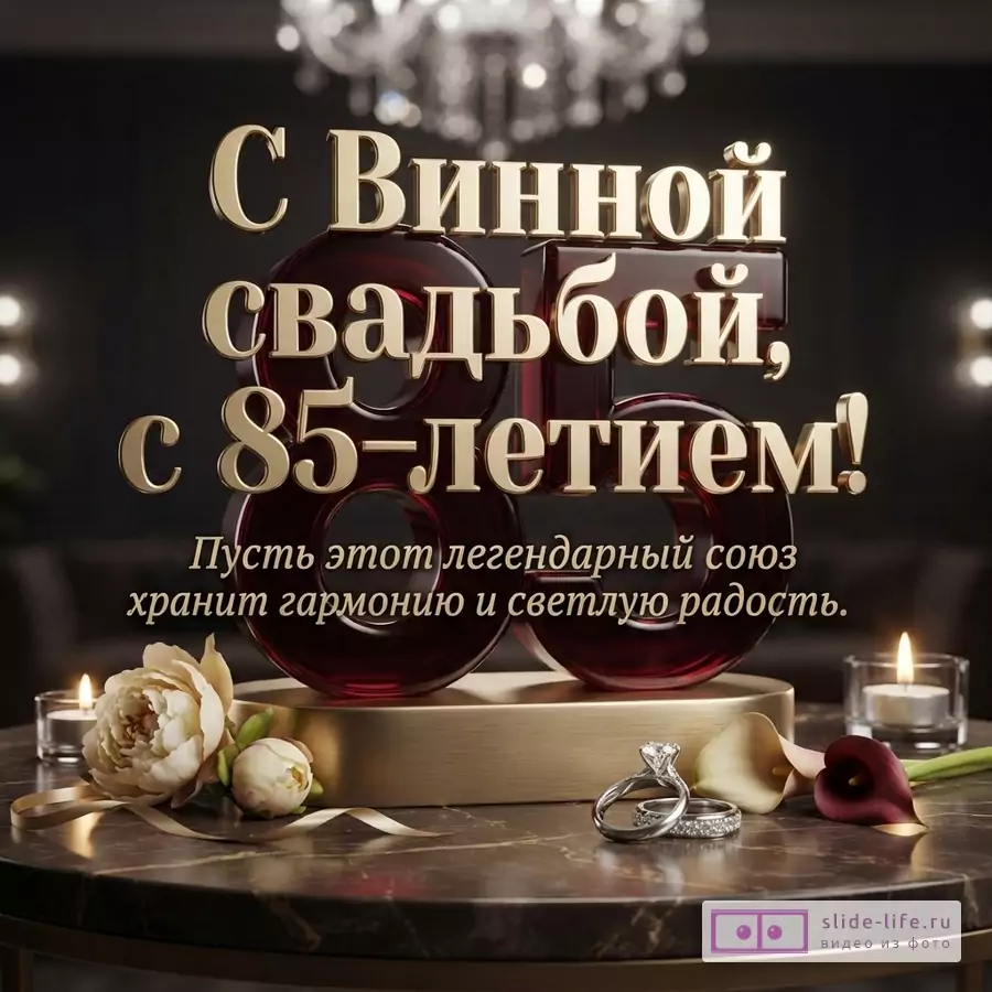 Бордовая цифра 85 на золотой подставке, обручальные кольца, цветы и свечи на столе с текстом «С Винной свадьбой, с 85-летием! Пусть этот легендарный союз хранит гармонию и светлую радость.»