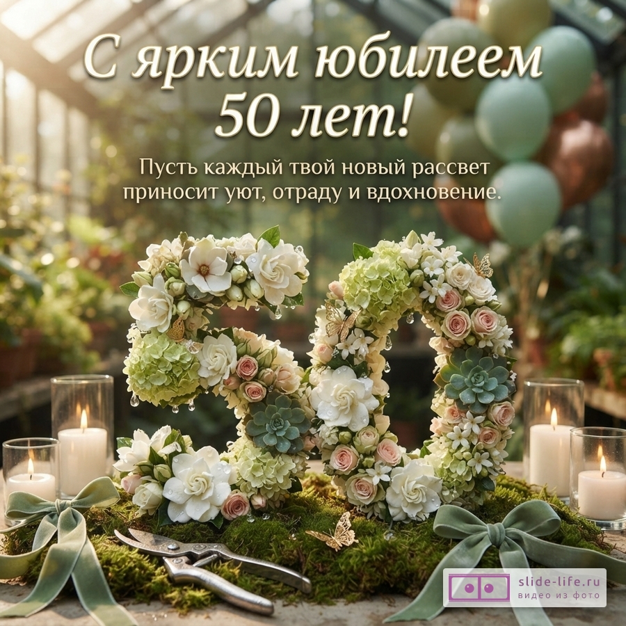 Открытка с юбилеем 50 лет. Фон размытый, зеленая оранжерея. В центре композиция из цветов в виде цифры «50» на мхе, вокруг свечи, ножницы, ленты. Сверху текст: «С ярким юбилеем 50 лет! Пусть каждый твой новый рассвет приносит уют, отраду и вдохновение.»