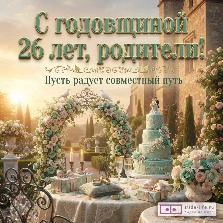 Текст «С годовщиной 26 лет, родители! Пусть радует совместный путь» на светлом фоне, свадебная арка с цветами, торт, подарки и свечи в саду у здания.