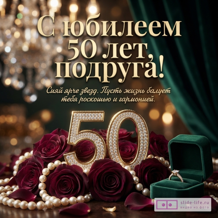 Открытка с золотыми буквами на темно-зеленом фоне, хрустальной люстрой, бордовыми розами, жемчугом, цифрами «50» со стразами и кольцом в зеленой коробочке. Текст: «С юбилеем 50 лет, подруга! Сияй ярче звезд. Пусть жизнь балует тебя роскошью и гармонией.»