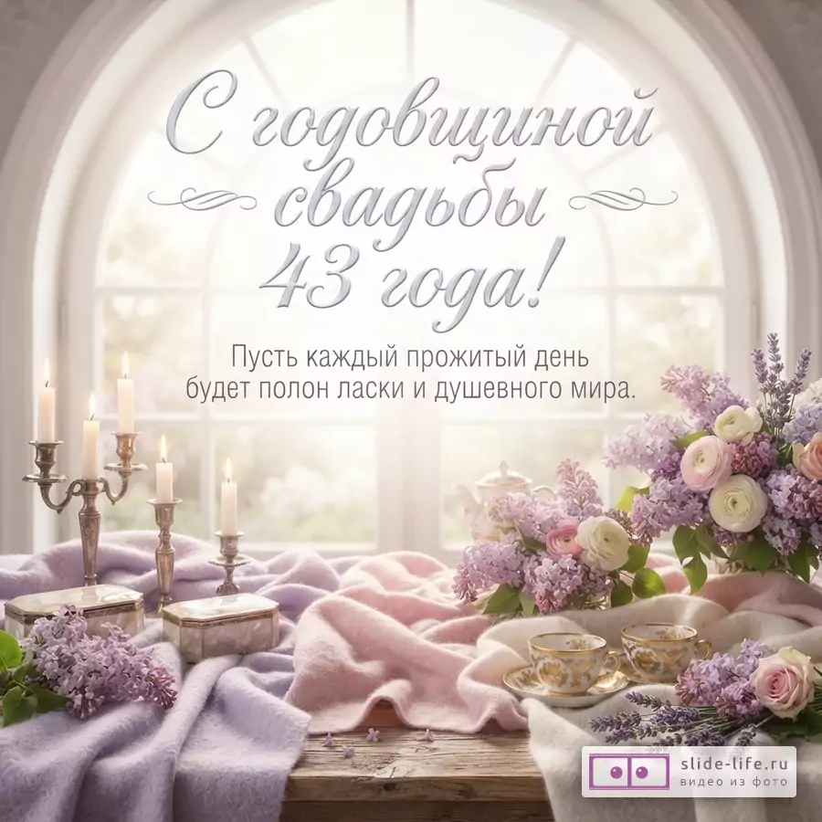 Светлый фон с окном, на переднем плане деревянный стол, на котором лежат пледы сиреневого и розового цвета, стоят подсвечники со свечами, шкатулки, букеты сирени и ранункулюсов, чайный сервиз. Текст: «С годовщиной свадьбы 43 года! Пусть каждый прожитый день будет полон ласки и душевного мира.»