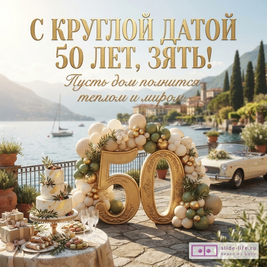 Открытка с видом на озеро и горы, на переднем плане праздничный стол, торт, арка из шаров бежевого и оливкового цвета, золотые цифры 50, ретро-автомобиль. Текст: «С КРУГЛОЙ ДАТОЙ 50 ЛЕТ, ЗЯТЬ! Пусть дом полнится теплом и миром.»