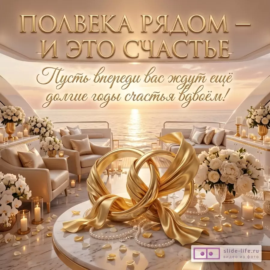 Бежево-золотой фон с закатом, золотыми кольцами, свечами и белыми цветами; текст «ПОЛВЕКА РЯДОМ — И ЭТО СЧАСТЬЕ», «Пусть впереди вас ждут ещё долгие годы счастья вдвоём!»