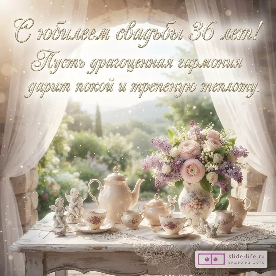 Открытка с бежевым фоном, на переднем плане белый стол с чайным сервизом и букетом цветов, на заднем плане вид на сад. Сверху надпись «С юбилеем свадьбы 36 лет! Пусть драгоценная гармония дарит покой и трепетную теплоту.»