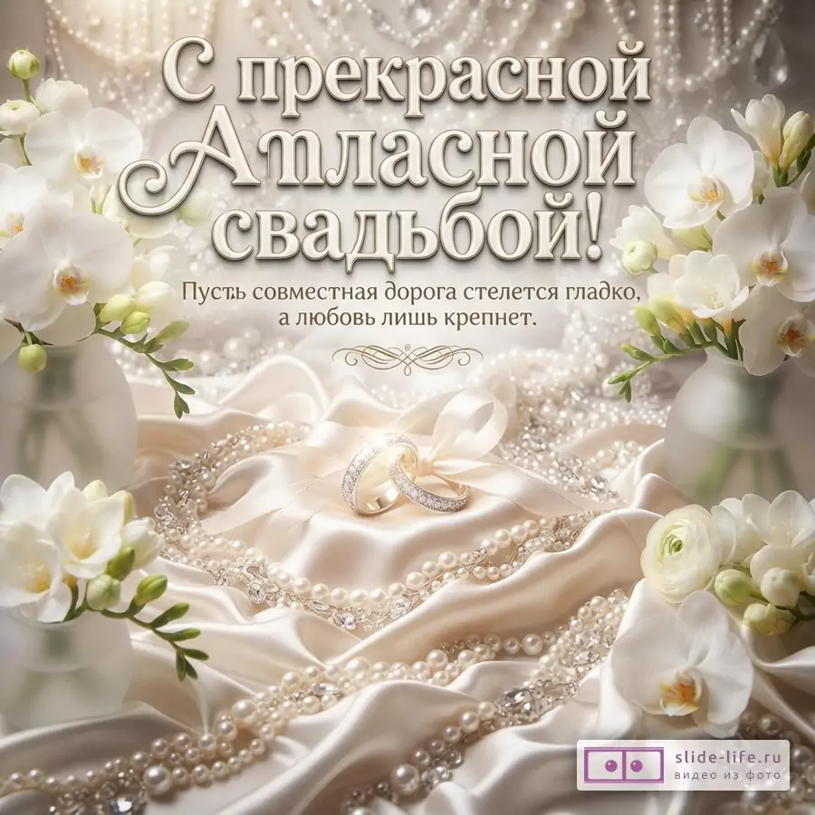 Драпировка из бежевого атласа, белые орхидеи в вазах, жемчужные бусы и надпись «С прекрасной Атласной свадьбой! Пусть совместная дорога стелется гладко, а любовь лишь крепнет.»