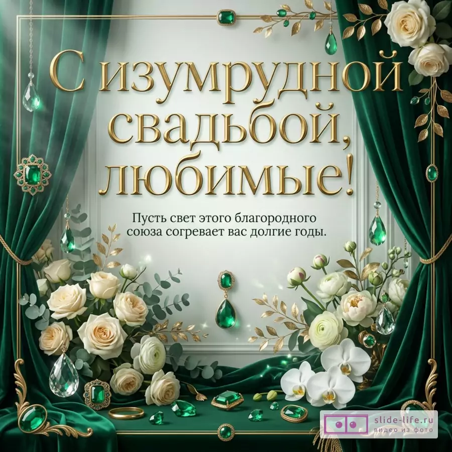 Открытка с белым фоном, изумрудными шторами, золотой рамкой, белыми розами, белыми цветами, зелеными драгоценными камнями и подвесками, кольцами, текст «С ИЗУМРУДНОЙ СВАДЬБОЙ, ЛЮБИМЫЕ! Пусть свет этого благородного союза согревает вас долгие годы.»
