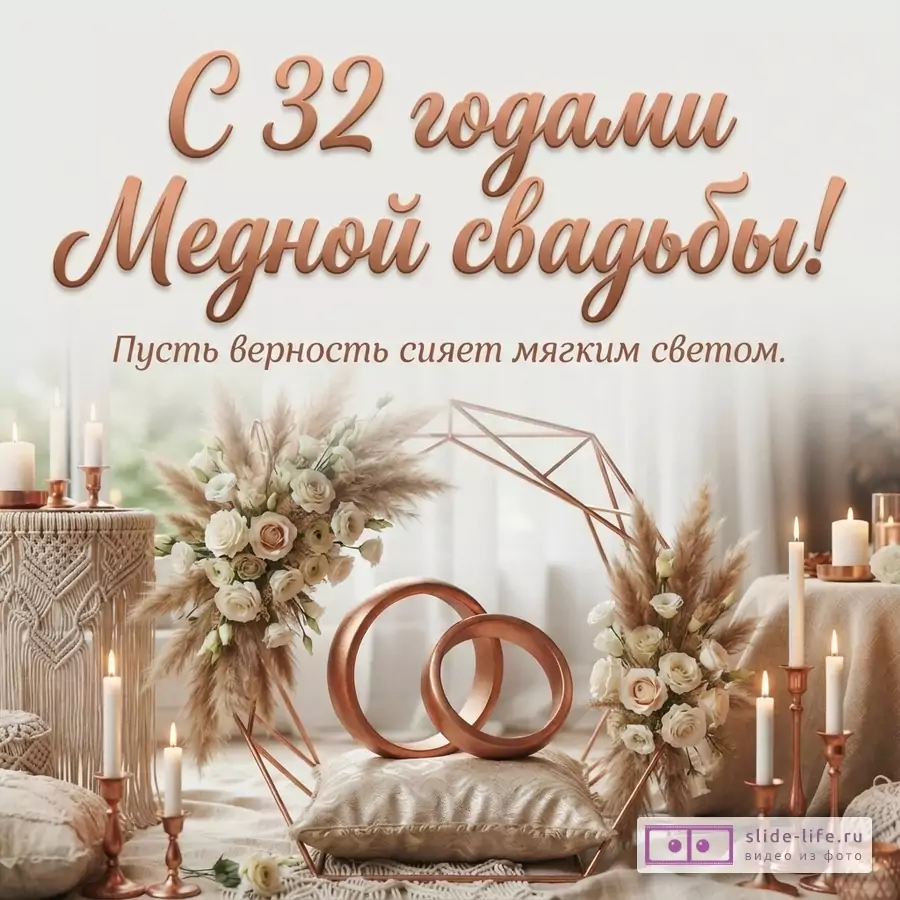 Открытка с бежевым фоном, медными кольцами, цветами и свечами. Текст: «С 32 годами Медной свадьбы! Пусть верность сияет мягким светом.»