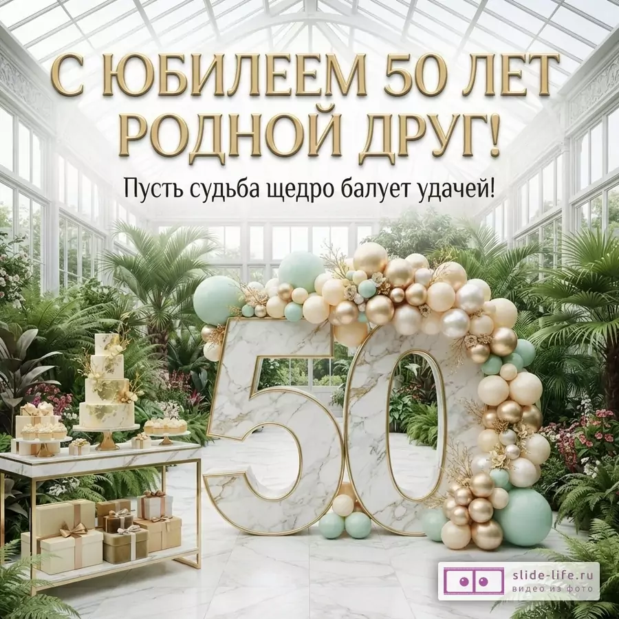 Поздравительная открытка другу на 50 лет с пожеланием щедрой удачи