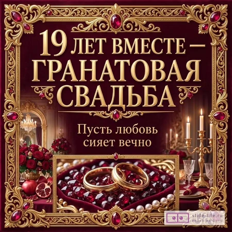 Бордовый праздничный фон, золотая рамка с рубинами, кольца, свечи, розы, гранат и бокалы; текст «19 лет вместе — гранатовая свадьба», «Пусть любовь сияет вечно»