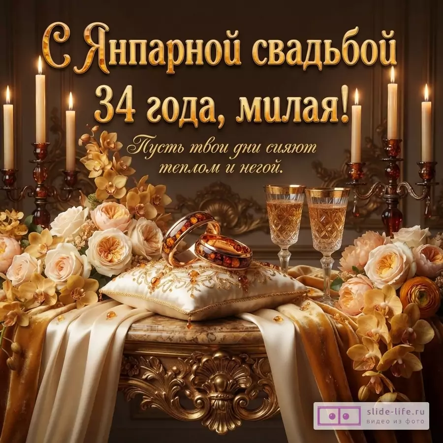 Темно-коричневый фон, золотые буквы, свечи, цветы, кольца, бокалы. Надпись: «С Янтарной свадьбой 34 года, милая! Пусть твои дни сияют теплом и негой.»
