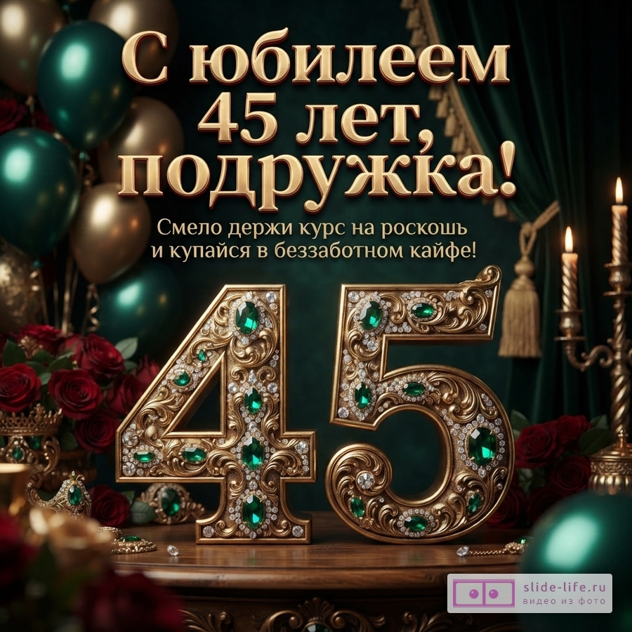 Темно-зеленый фон, золотые и зеленые воздушные шары. Золотые буквы «С юбилеем 45 лет, подружка! Смело держи курс на роскошь и купайся в беззаботном кайфе!». Большие золотые цифры «45» с изумрудами и бриллиантами.