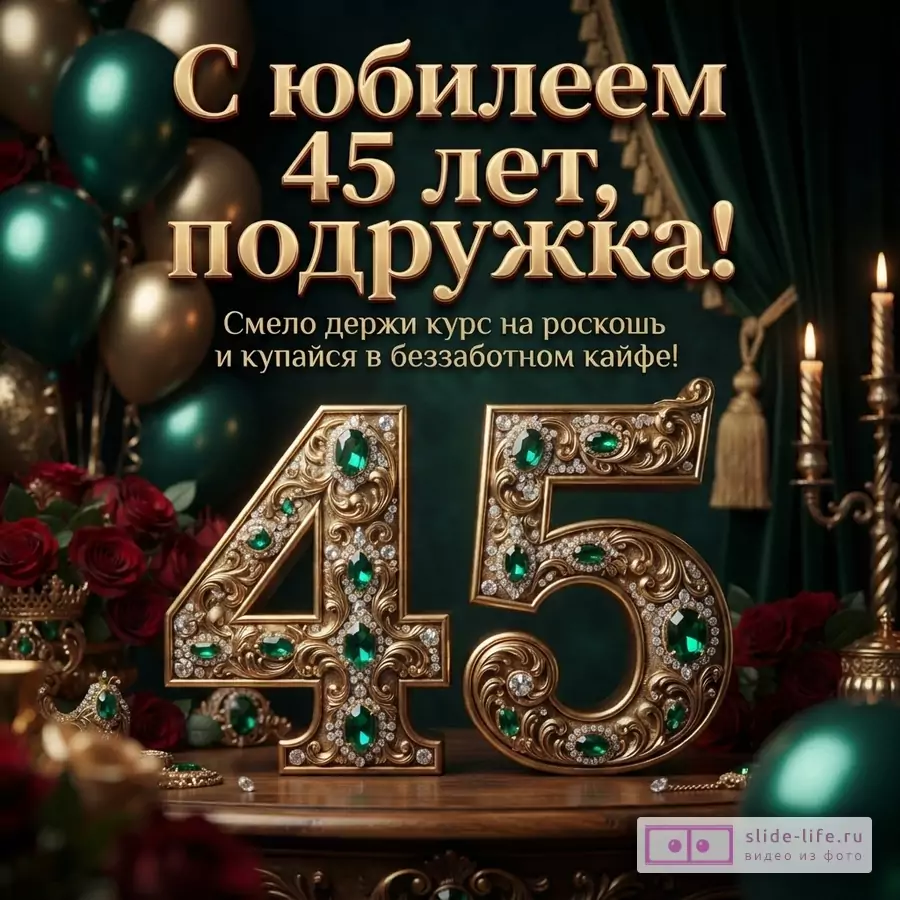 Темно-зеленый фон, золотые и зеленые воздушные шары. Золотые буквы «С юбилеем 45 лет, подружка! Смело держи курс на роскошь и купайся в беззаботном кайфе!». Большие золотые цифры «45» с изумрудами и бриллиантами.