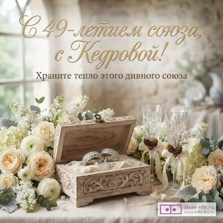 Фон светлый, бежевый. На переднем плане деревянная шкатулка с двумя кольцами, вокруг шкатулки белые и кремовые цветы. Рядом два бокала, украшенные шишками. Текст: «С 49-летием союза, с Кедровой! Храните тепло этого дивного союза»