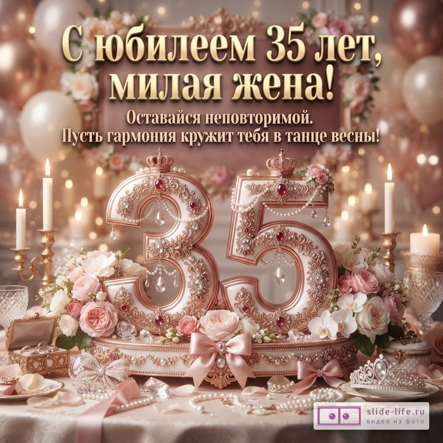 Открытка с золотым текстом на розовом фоне, украшенная цветами и шарами. Текст: «С юбилеем 35 лет, милая жена! Оставайся неповторимой. Пусть гармония кружит тебя в танце весны!»