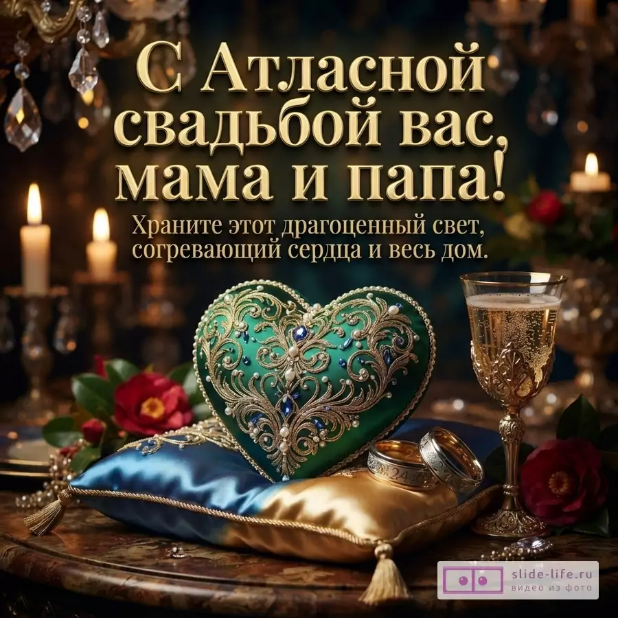 Зеленое расшитое сердце на шелковой подушке, обручальные кольца, бокал шампанского и свечи с надписью «С Атласной свадьбой вас, мама и папа! Храните этот драгоценный свет, согревающий сердца и весь дом.»