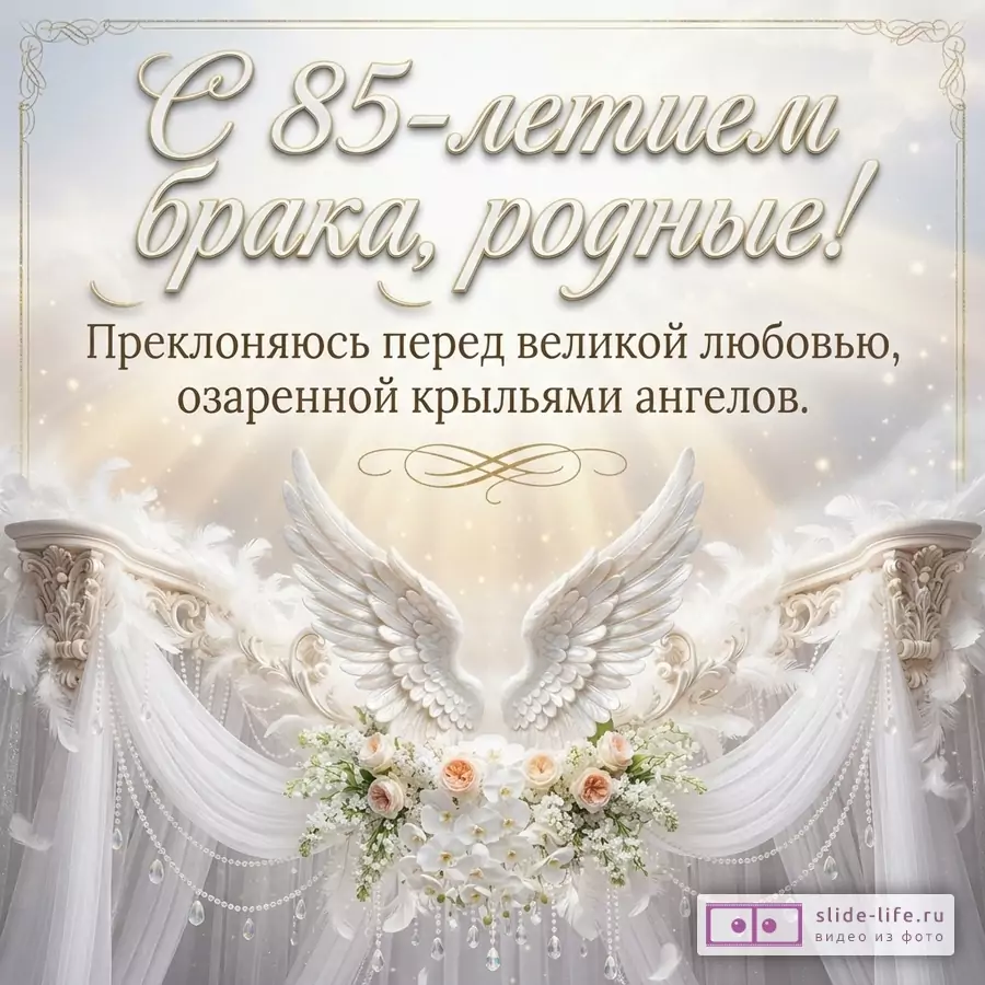 Белые ангельские крылья, букет цветов, драпировка и надпись «С 85-летием брака, родные! Преклоняюсь перед великой любовью, озаренной крыльями ангелов.» на светлом фоне