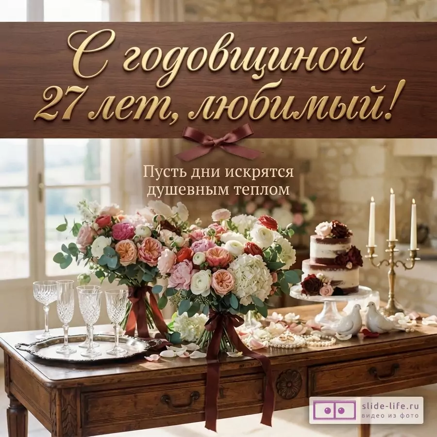 Открытка с коричневой деревянной вставкой, золотым текстом, коричневым бантом. На фоне букеты цветов, торт, свечи, бокалы. Текст: «С годовщиной 27 лет, любимый! Пусть дни искрятся душевным теплом»