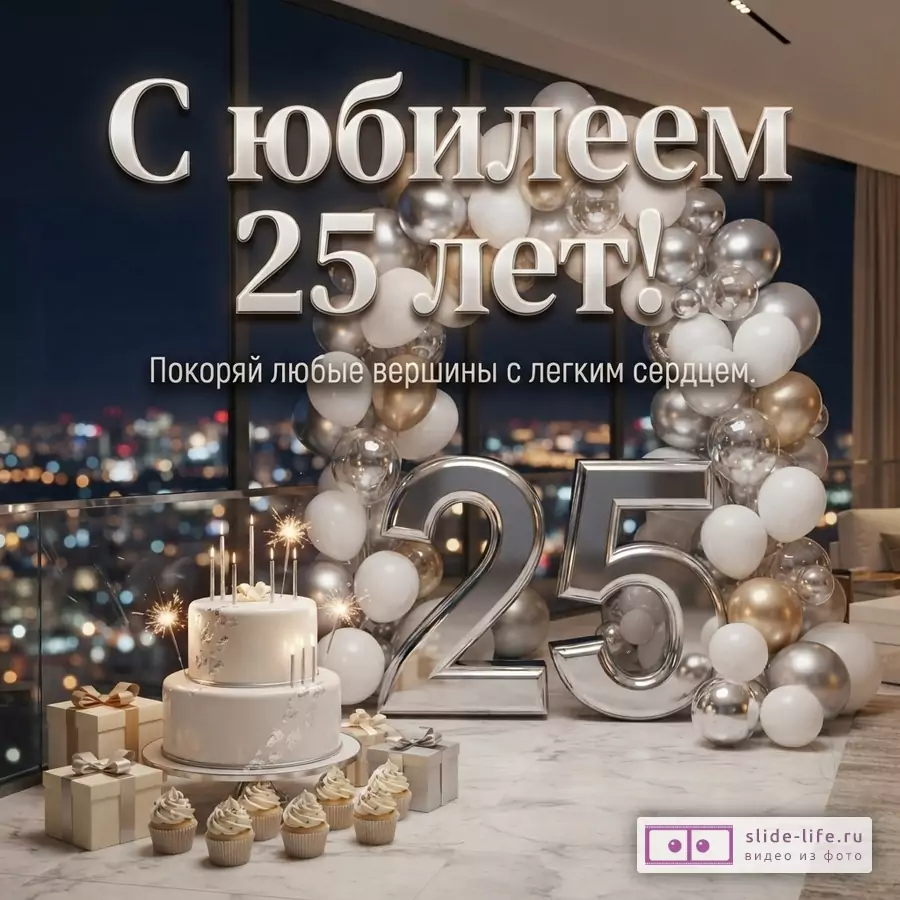Объемная серебряная цифра 25, праздничный торт со свечами, капкейки и арка из шаров на фоне вечернего города с текстом «С юбилеем 25 лет! Покоряй любые вершины с легким сердцем.».