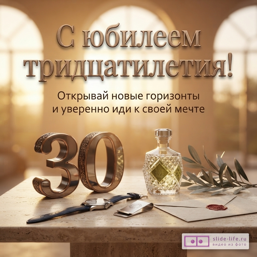 Объемная цифра 30, наручные часы, флакон парфюма и конверт на мраморном столе с надписью «С юбилеем тридцатилетия! Открывай новые горизонты и уверенно иди к своей мечте».