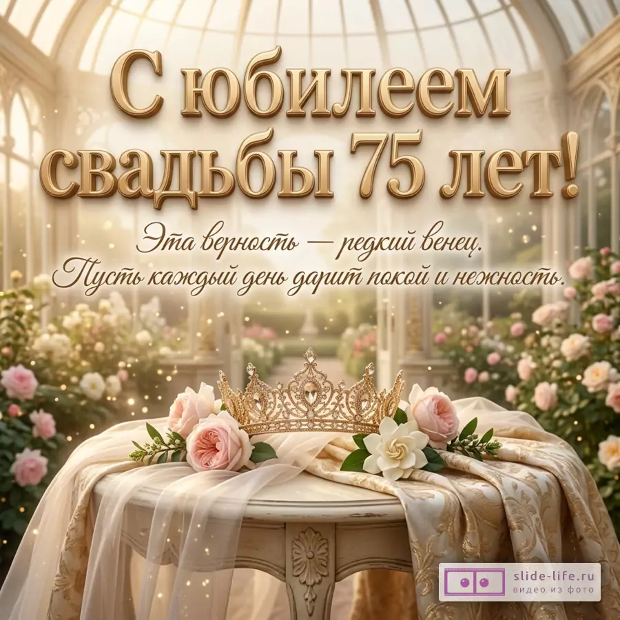 Золотая корона с розами на круглом столике в светлой оранжерее и надпись «С юбилеем свадьбы 75 лет! Эта верность — редкий венец. Пусть каждый день дарит покой и нежность.»