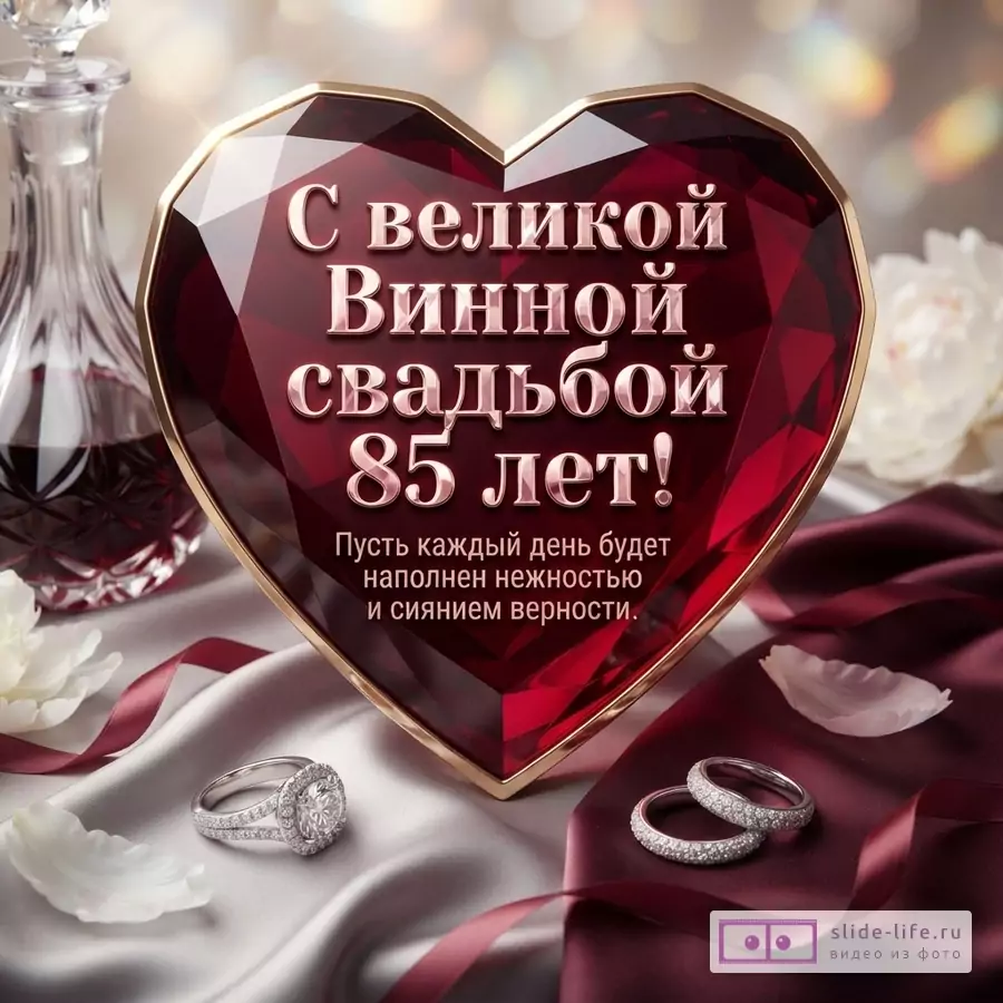Бордовое граненое сердце в золотой оправе, хрустальный графин, ювелирные кольца и надпись «С великой Винной свадьбой 85 лет! Пусть каждый день будет наполнен нежностью и сиянием верности.»