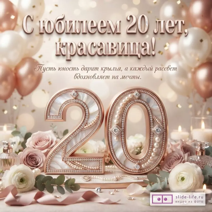 Объемная цифра 20 из перламутра и золота с жемчугом в окружении роз, шаров и флаконов духов с текстом «С юбилеем 20 лет, красавица! Пусть юность дарит крылья, а каждый рассвет вдохновляет на мечты.»