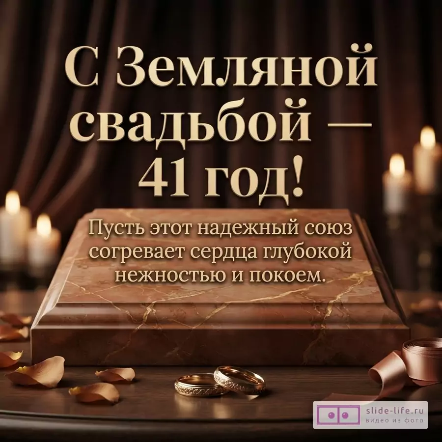 Коричневый фон, мраморная плита, два золотых кольца, свечи. Надпись «С Земляной свадьбой — 41 год! Пусть этот надежный союз согревает сердца глубокой нежностью и покоем.»