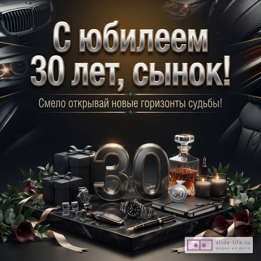 Черный фон с автомобилями, цифра 30, часы, графин и текст «С юбилеем 30 лет, сынок! Смело открывай новые горизонты судьбы!»