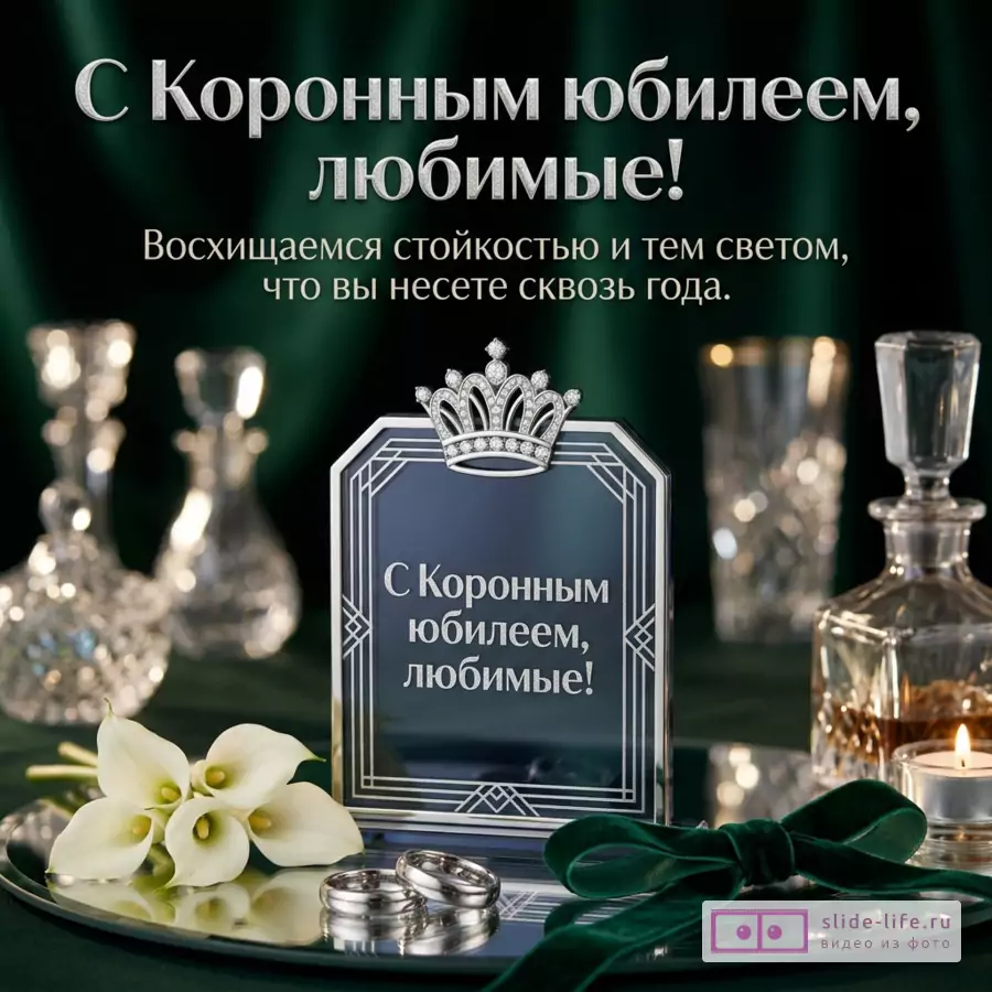 Хрустальные графины, серебряные кольца, каллы и плакетка на зеленом фоне с текстом «С Коронным юбилеем, любимые! Восхищаемся стойкостью и тем светом, что вы несете сквозь года.»