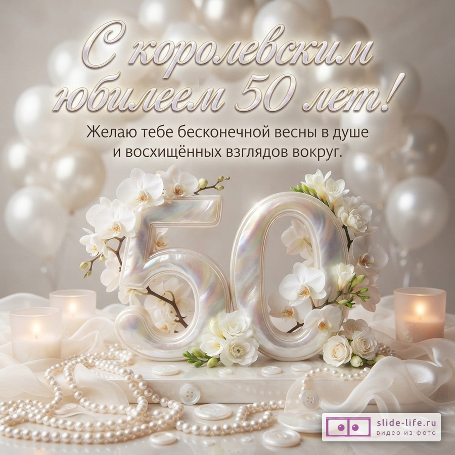 Открытка с белым фоном, белыми воздушными шарами, свечами, жемчужными бусами. В центре цифры «50» из перламутра, украшенные белыми орхидеями и розами. Текст «С королевским юбилеем 50 лет! Желаю тебе бесконечной весны в душе и восхищённых взглядов вокруг.»