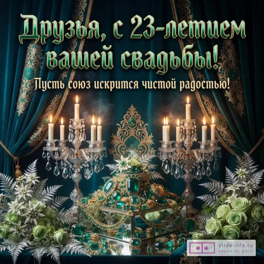 Изумрудно-зелёные бархатные шторы, свечи в хрустальных канделябрах, бело-зелёные цветы и украшения. Текст: «Друзья, с 23-летием вашей свадьбы! Пусть союз искрится чистой радостью!»