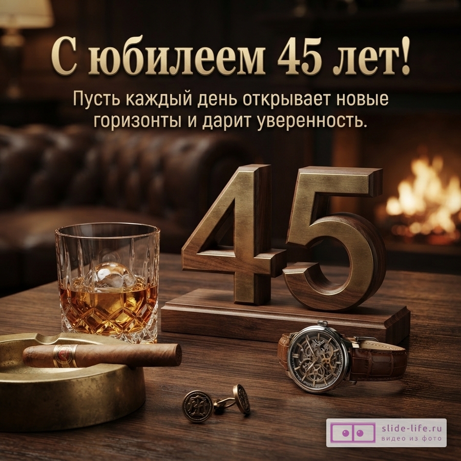 Фон темный, камин, кожаный диван. На переднем плане деревянный стол, на нем стакан виски со льдом, сигара в пепельнице, запонки, часы. Объемные цифры «45» золотого цвета. Текст: «С юбилеем 45 лет! Пусть каждый день открывает новые горизонты и дарит уверенность.»