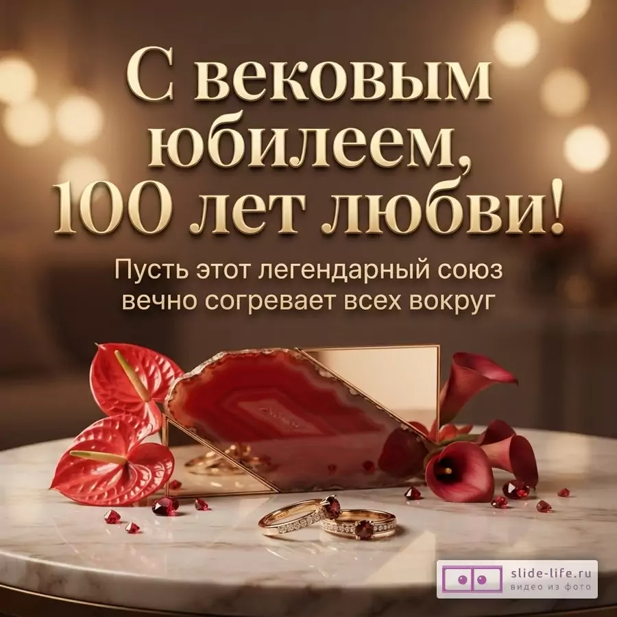 Золотые обручальные кольца с драгоценными камнями, срез красного агата, цветы антуриума на мраморном столе и текст «С вековым юбилеем, 100 лет любви! Пусть этот легендарный союз вечно согревает всех вокруг.»