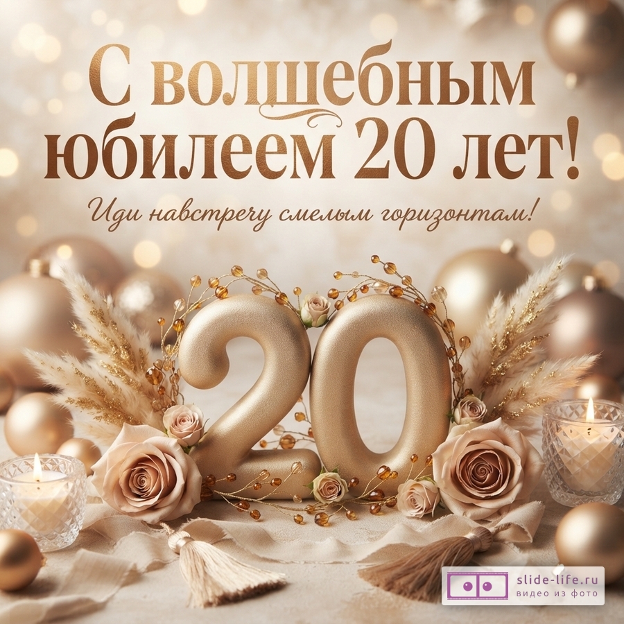 Открытка с золотыми цифрами «20» на бежевом фоне, украшенная розами, свечами и сухоцветами. Текст: «С волшебным юбилеем 20 лет! Иди навстречу смелым горизонтам!»