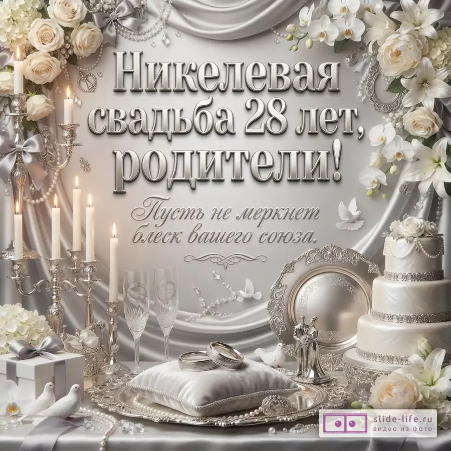 Светло-серая открытка с цветами, свечами, свадебным тортом и кольцами. Текст: «Никелевая свадьба 28 лет, родители! Пусть не меркнет блеск вашего союза.»